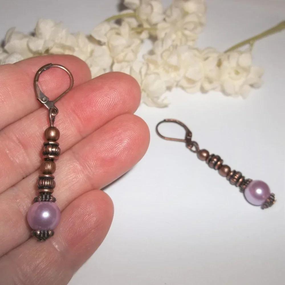 Copper and Purple Beaded Pearl Earrings Set Dangle and Drop Boho Style Pair 6930_6